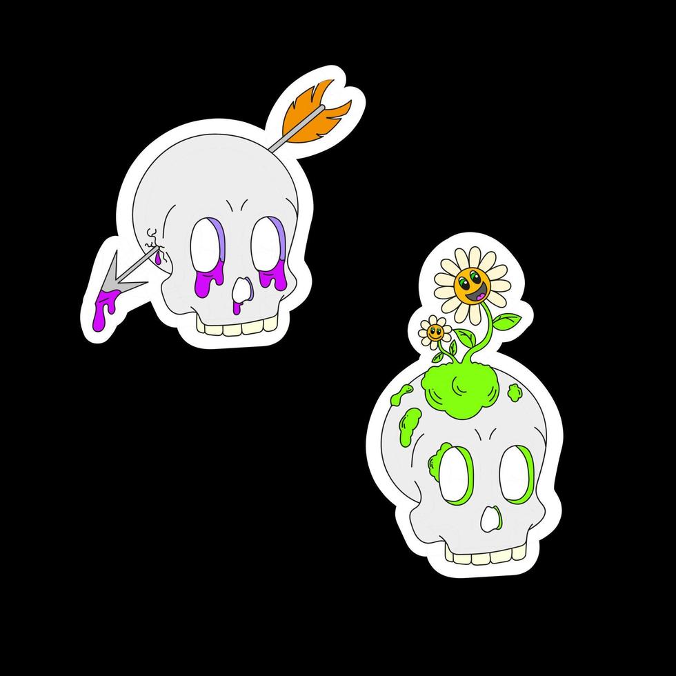 A set of two skulls. One skull with a flower on top, the second pierced by an arrow. Psychedelics, surrealism vector