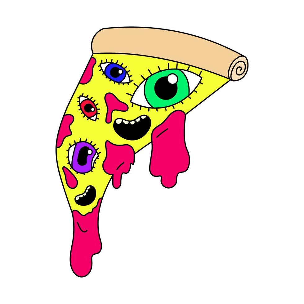 pegatina de pizza psicodélica con ojos y bocas. gotea líquido rosa de la pizza. surrealismo. vector