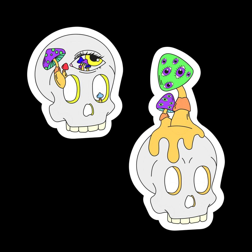 un conjunto de dos calaveras psicodélicas con setas. surrealismo vector