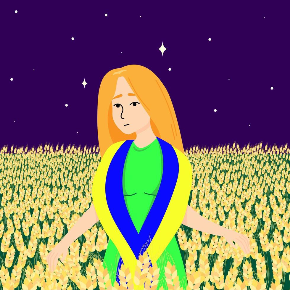 A girl with red hair stands in the middle of a wheat field with the flag of Ukraine. Support Ukraine. Flat vector illustration.
