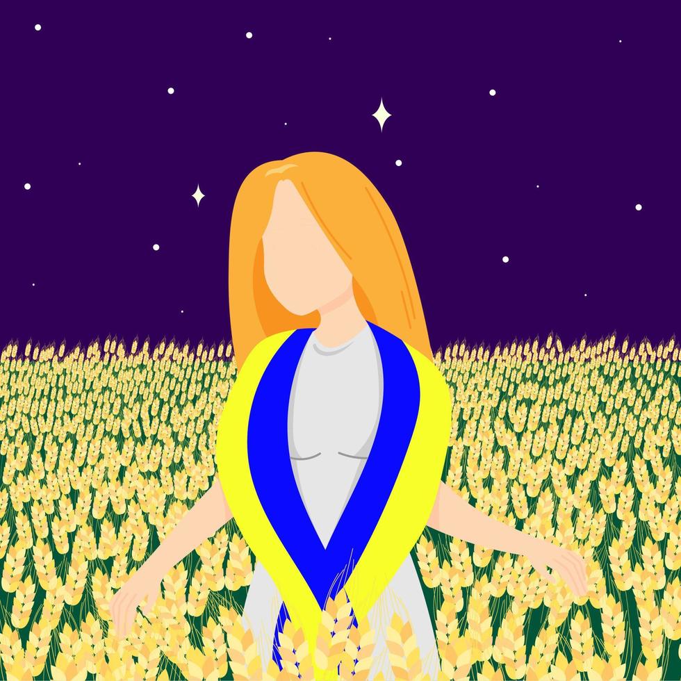 A girl with red hair, without a face stands in the middle of a wheat field with the flag of Ukraine. Support Ukraine. Flat vector illustration.