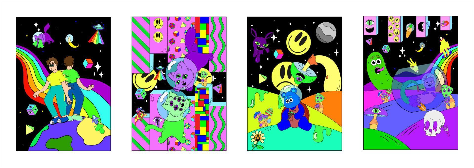A set of psychedelic posters with space, crazy mushrooms, geometry, skulls, space animals. Surrealism vector