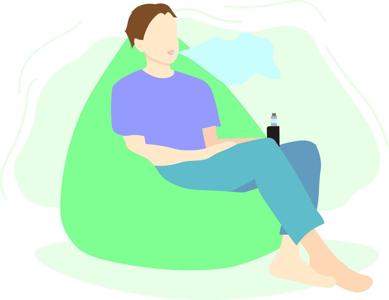 The guy is vaping sitting in a bag chair. The illustration is isolated on a white background. vector