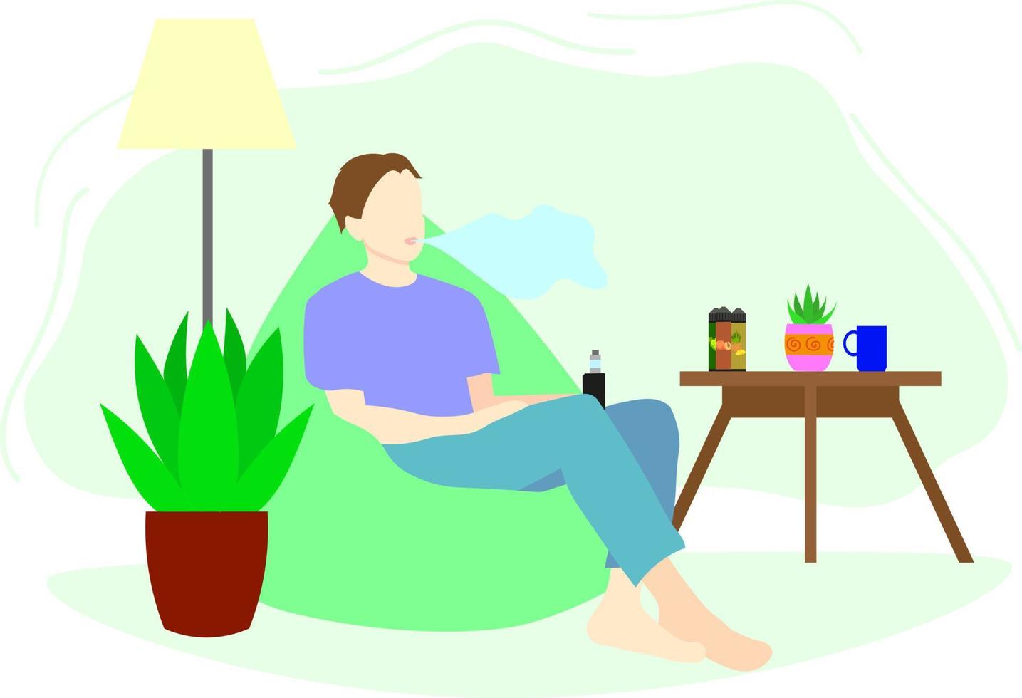 The guy is vaping while sitting at home in a bag chair. Vector illustration. The guy is sitting in her room. Electronic cigarette