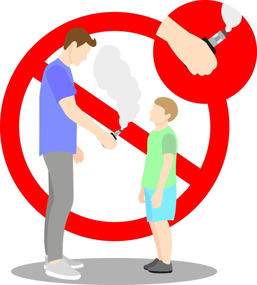 un hombre le ofrece un vape a un niño. un concepto contra el vapeo infantil. ilustración vectorial plana aislada en un fondo blanco vector