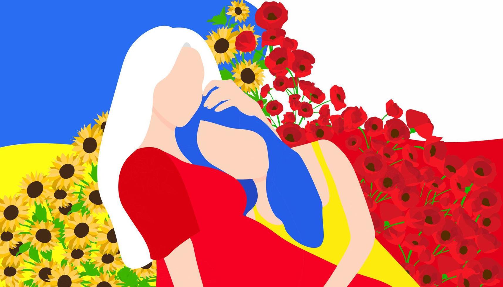 Poland embraces Ukraine against the background of national flags and national flowers sunflowers and poppies. Flat vector illustration. Support Ukraine girl