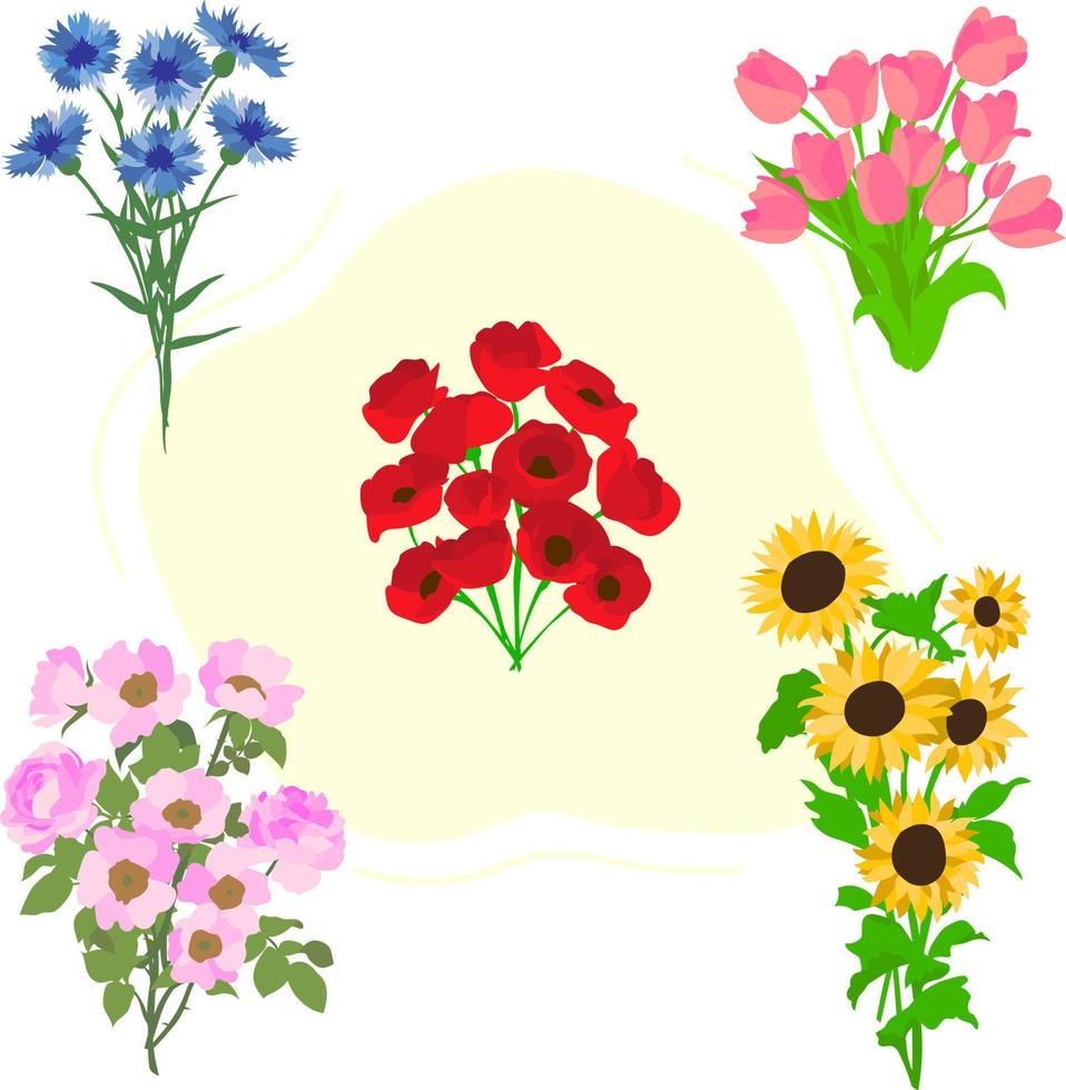 A collection of bouquets of flowers. Tulips, rosehip flowers, sunflowers and poppies. Flat vector illustration