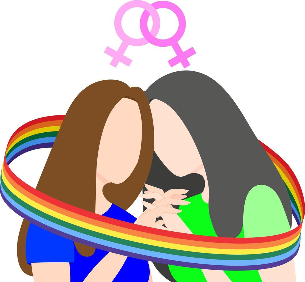 A lesbian couple in love holds hands wrapped in a ribbon with an LGBT flag, under the signs of Venus. Flat vector illustration.