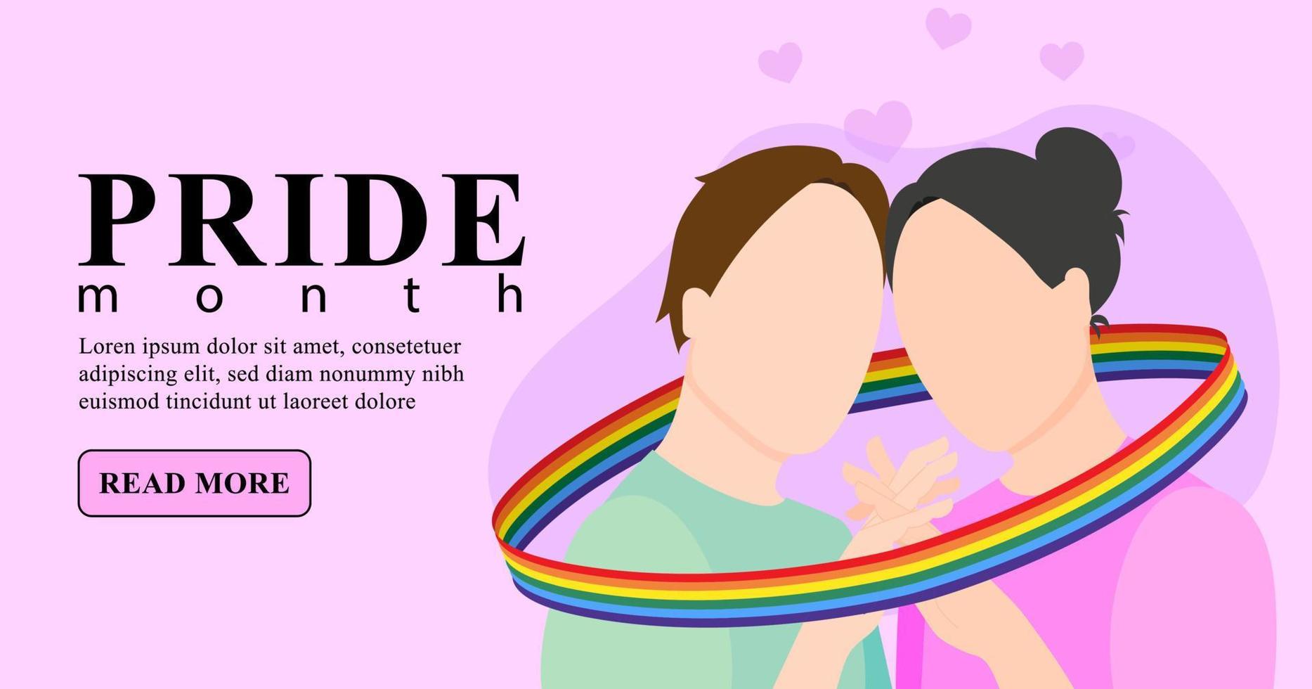 A gay couple in love holds hands wrapped in a ribbon with an LGBT flag. Flat vector illustration. LGBTQ banner template on pink background.