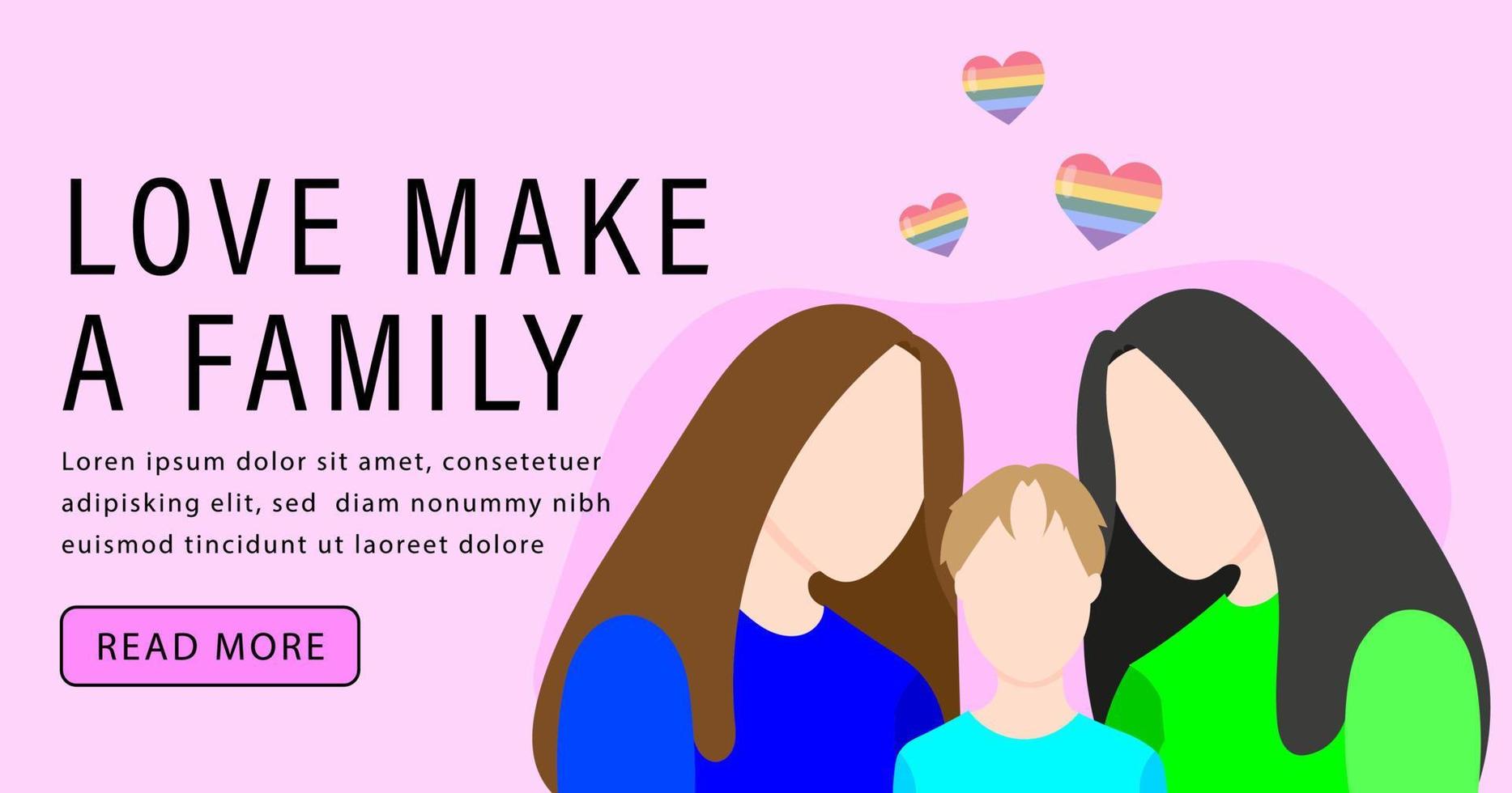 familia lesbiana en el fondo de la bandera lgbt. ilustración vectorial en un estilo plano. plantilla de banner lgbt sobre fondo rosa. vector