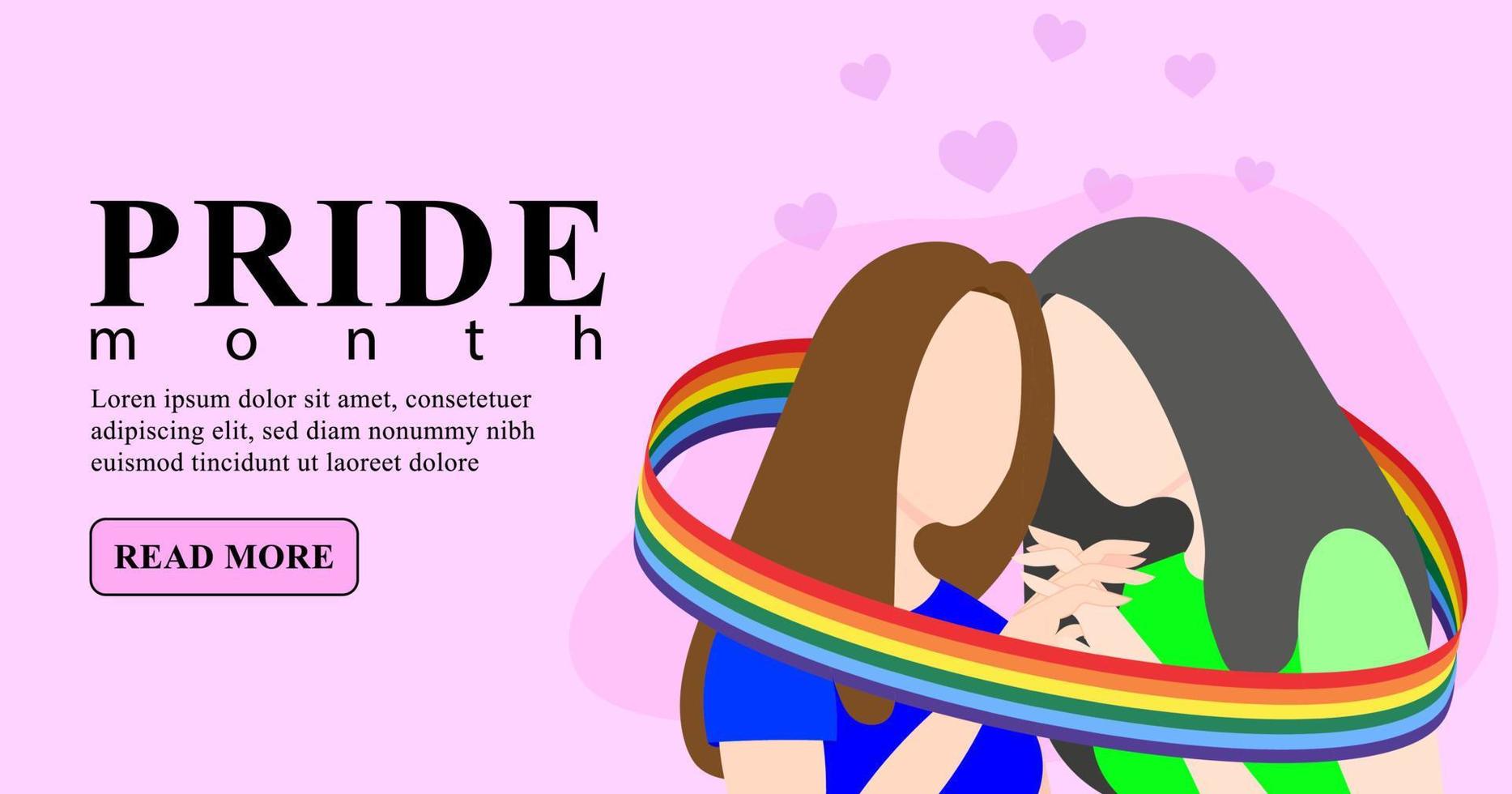 A lesbian couple in love holds hands wrapped in a ribbon with an LGBT flag. Flat vector illustration. LGBTQ banner template on pink background.