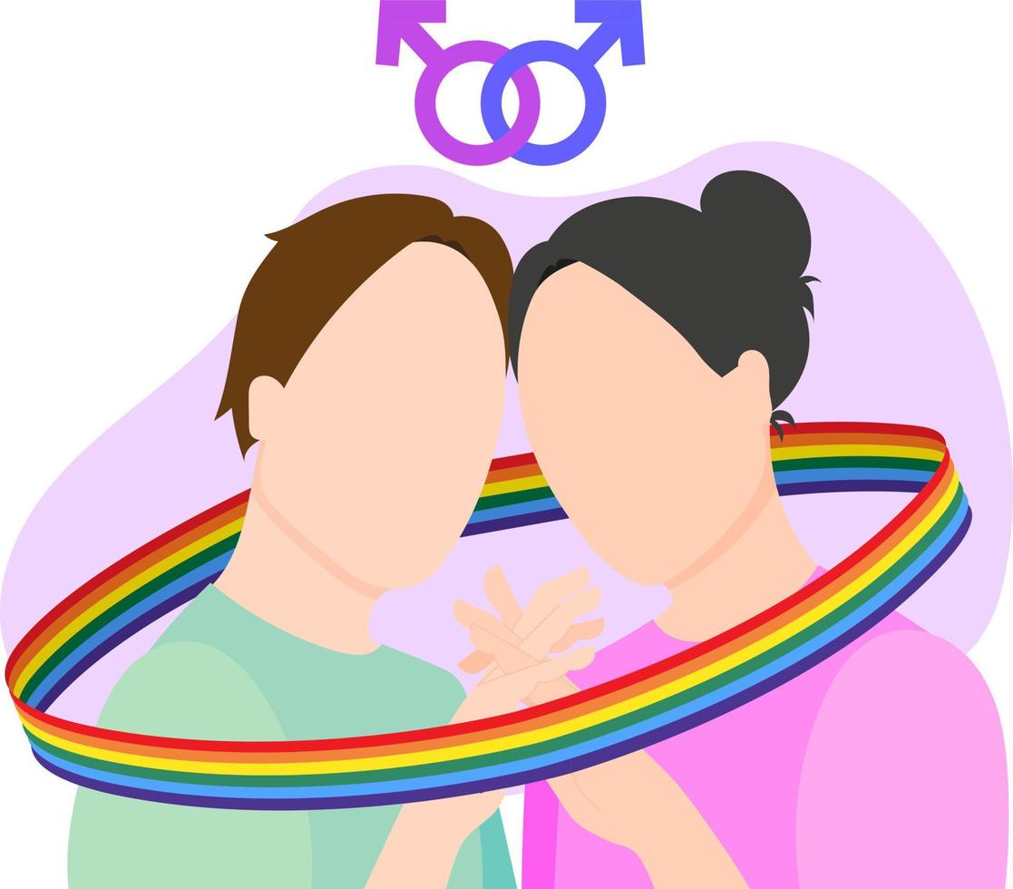 A gay couple in love holds hands wrapped in a ribbon with an LGBT flag, under the signs of Mars. Flat vector illustration.