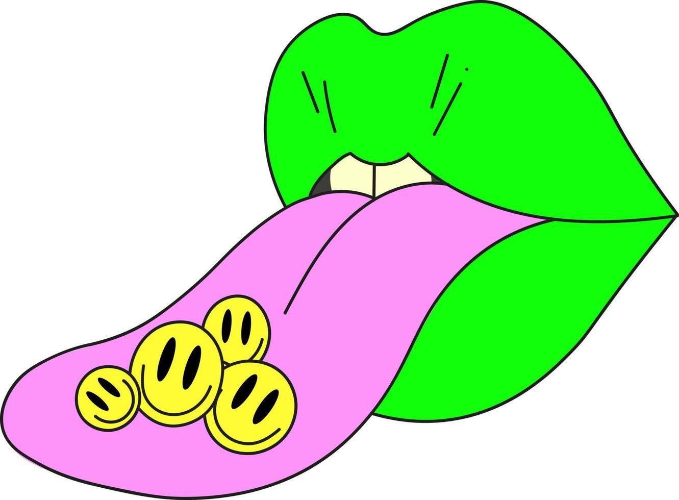 labios amarillos psicodélicos con una lengua protuberante. emojis en la lengua. vector