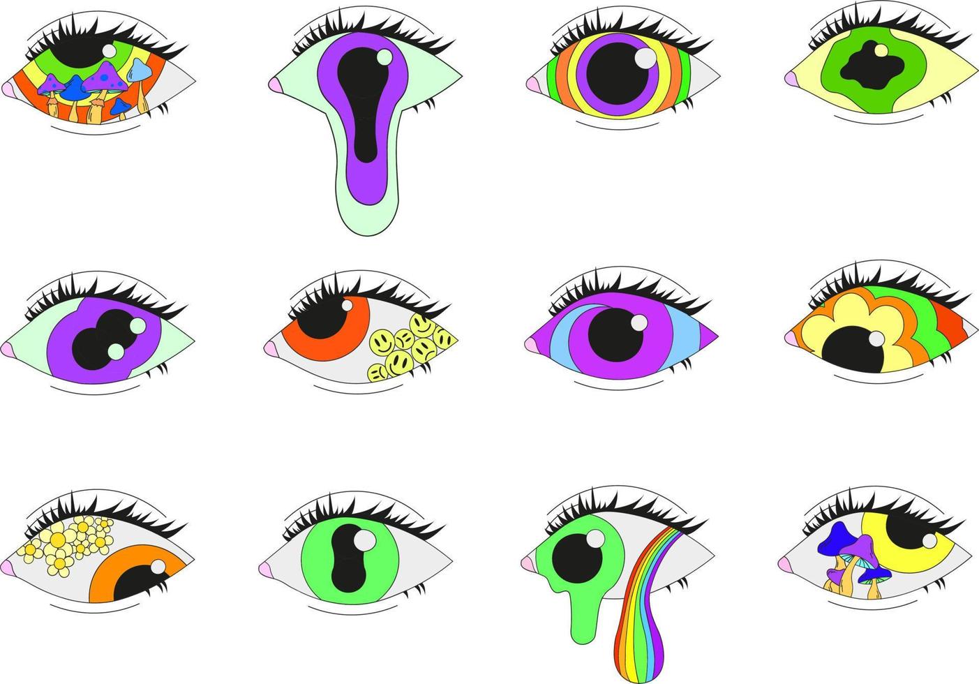 A set of 12 psychedelic eyes. vector illustration isolated on a white background.