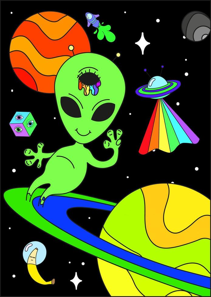 Psychedelic poster with space, alien, ufo, planets. Crazy concept. Surrealism vector