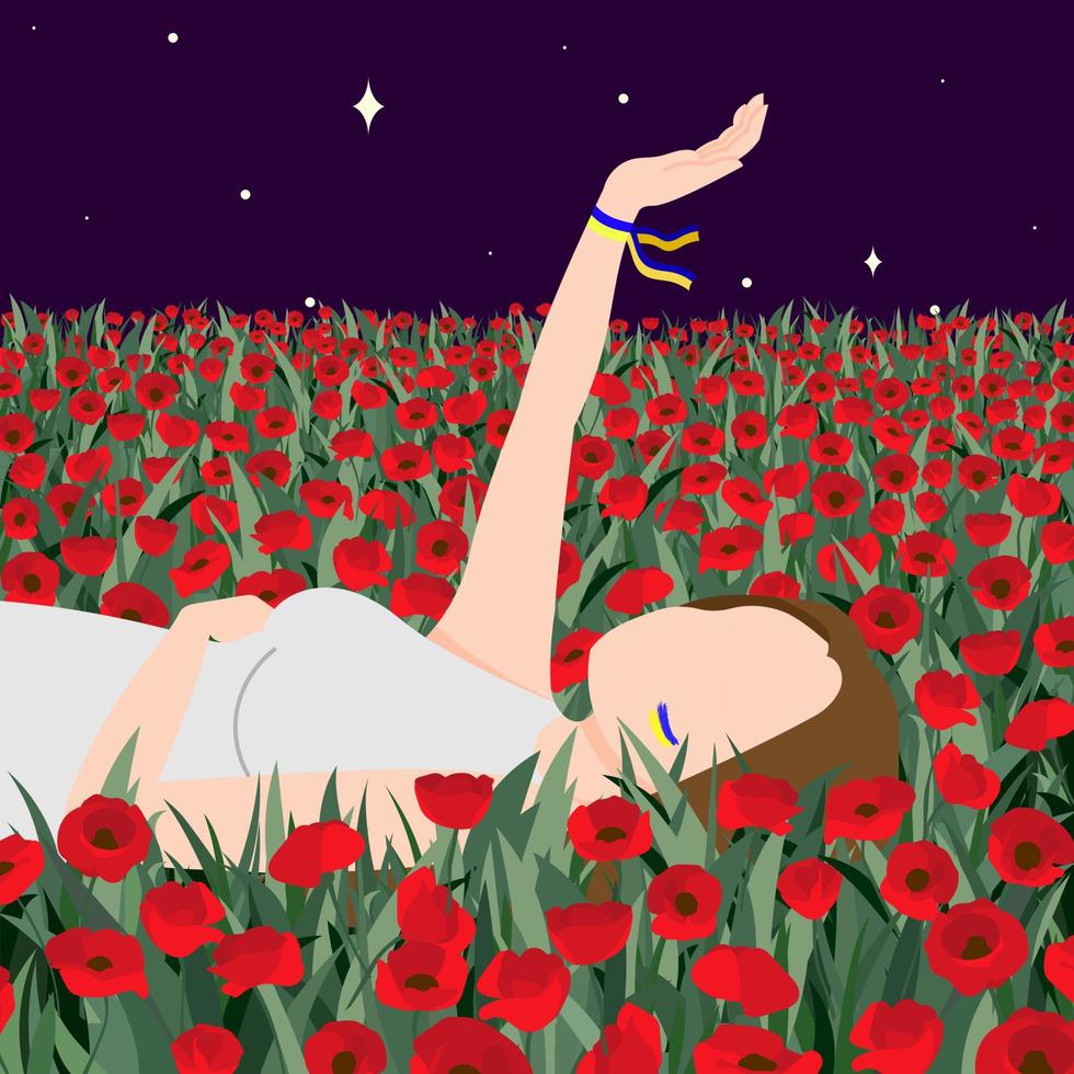 A girl in a white dress, without a face, lies in a field of poppies at night, raising her hand up, a ribbon with the flag of Ukraine on her arm. Support Ukraine. Flat vector illustration.