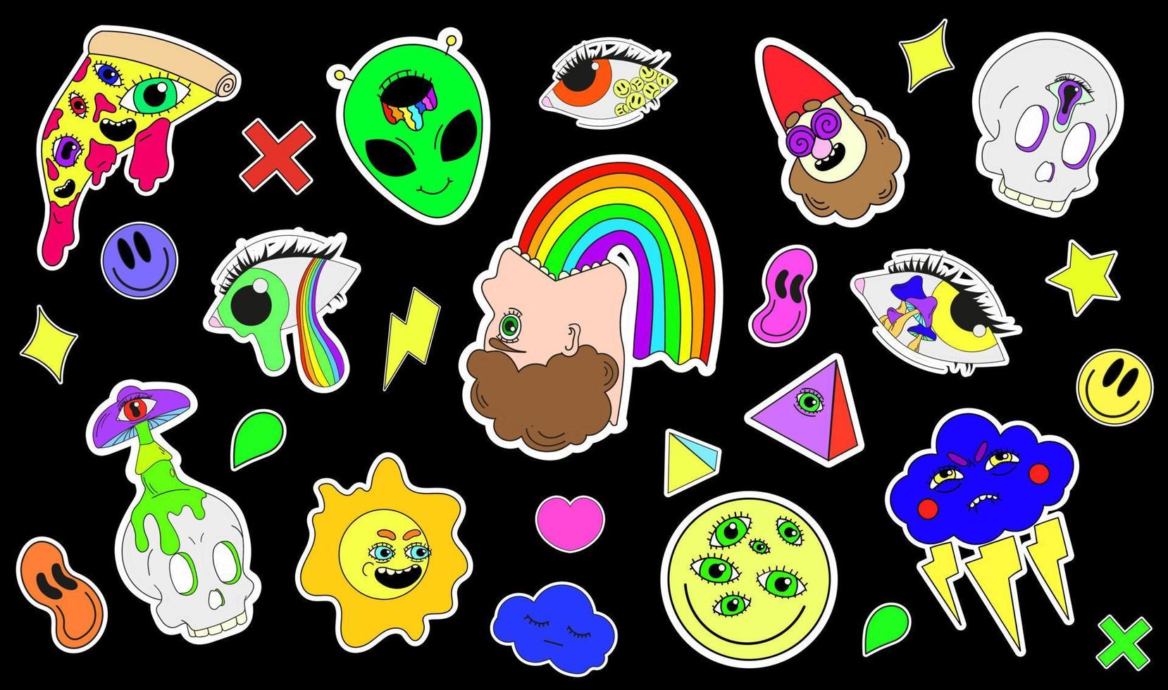 A set of psychedelic stickers, a rainbow, an illustration of a man vomiting a rainbow, an alien, a pizza with eyes. Surrealism. vector