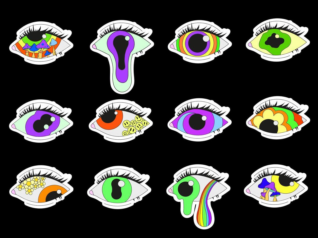 un conjunto de 12 pegatinas de diferentes ojos psicodélicos. psicodélicos, surrealismo vector