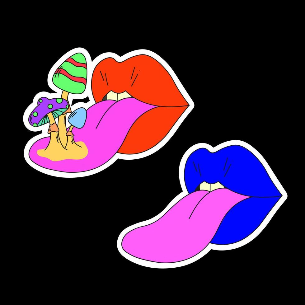 A set of two psychedelic lips. Lips with tongue sticking out, mushrooms. Surrealism. vector