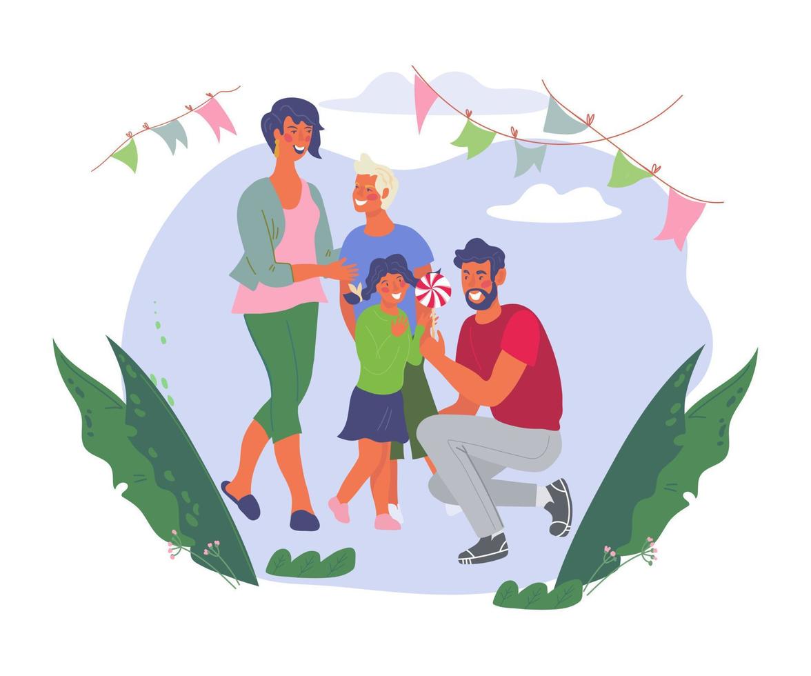 familia con niños caminando en el parque de atracciones y comprando dulces. entretenimiento y ocio de vacaciones de verano. festival callejero o concepto de feria de fin de semana. ilustración vectorial plana aislada. vector