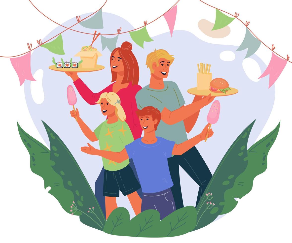 familia visitando el festival de comida callejera - gente alegre llevando bandejas con varios platos. fiesta culinaria o concepto de restaurante de autoservicio. día nacional de las cocinas. ilustración vectorial plana. vector