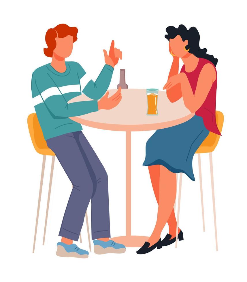 Couple, man and woman drink beer sitting at table and chatting, flat cartoon vector illustration isolated on white. Friends in bar or pub.