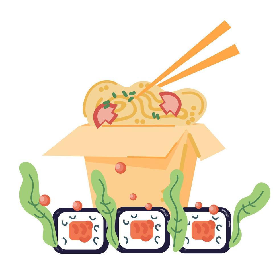 Japanese cuisine restaurant icon for menu card or logo element with sushi and noodles in box, flat vector illustration isolated. Asian take-away cafe delivery symbol.