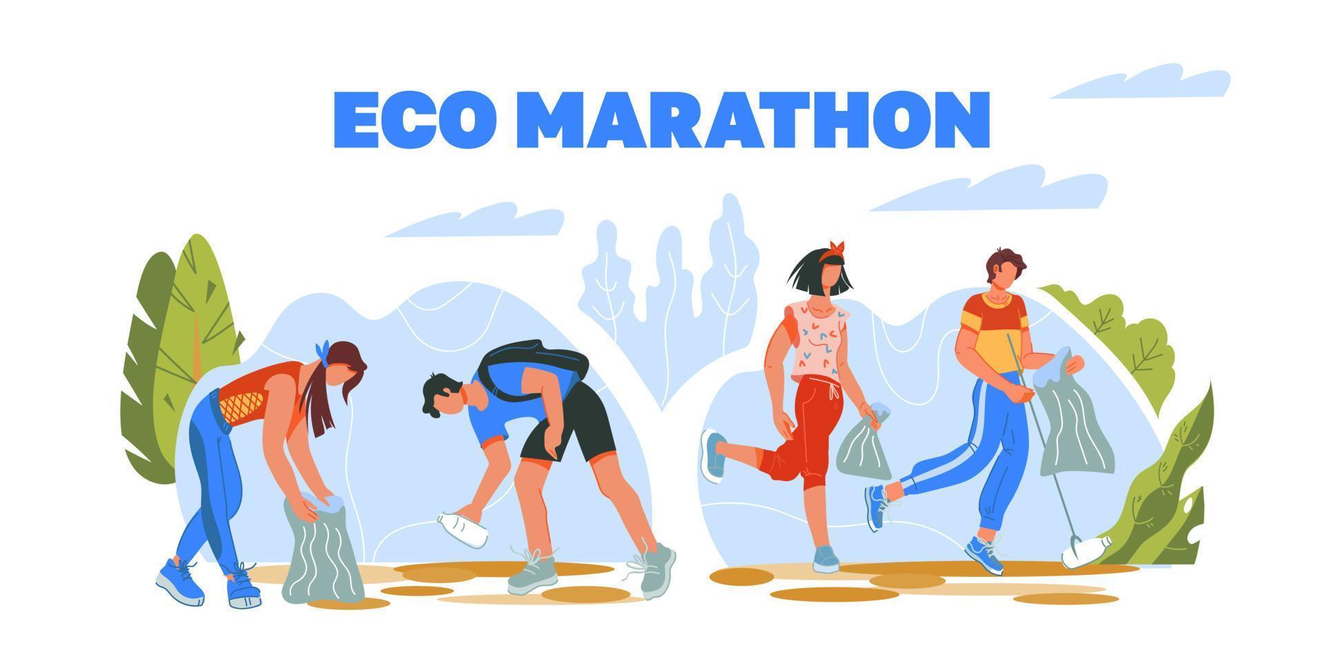 Eco plogging marathon web banner with people running and picking up garbage into litter bags. Environment conservation and cleaning challenge. Flat cartoon vector illustration isolated.