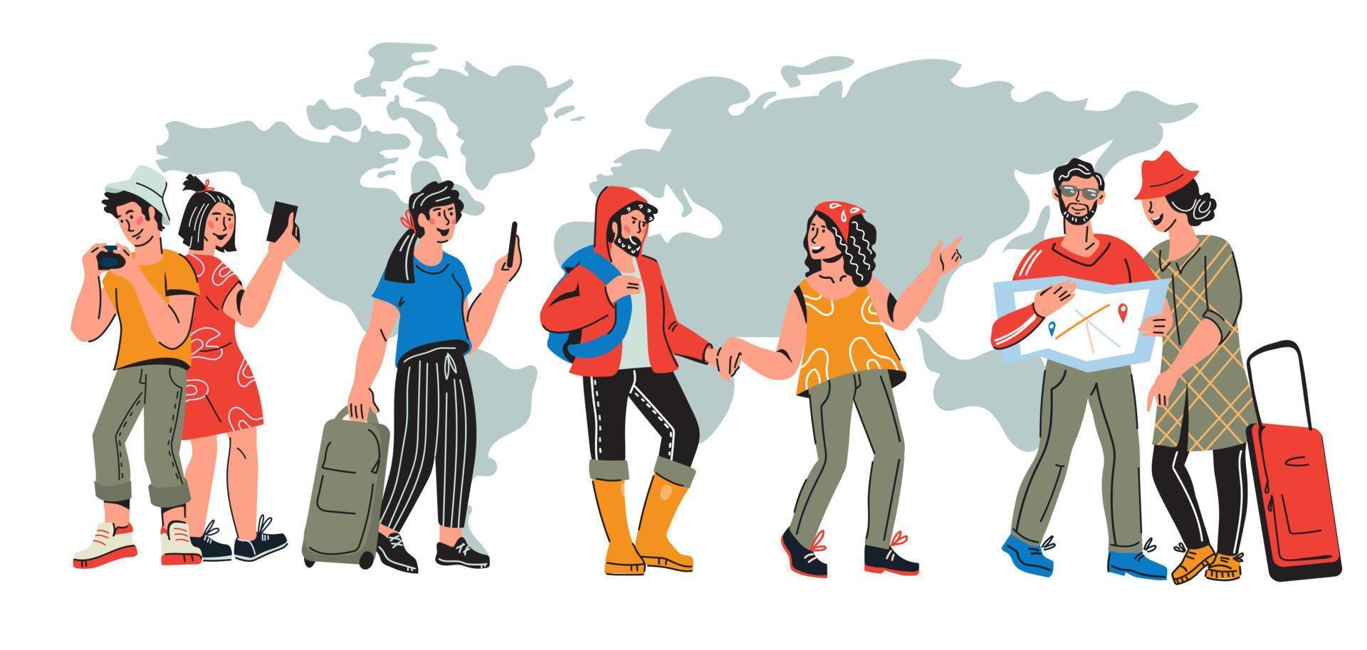 banner de turismo internacional con viajeros. personajes de jóvenes que viajan por todo el mundo en el fondo del mapa. viaje de vacaciones y concepto de viaje. ilustración vectorial de dibujos animados plana. vector