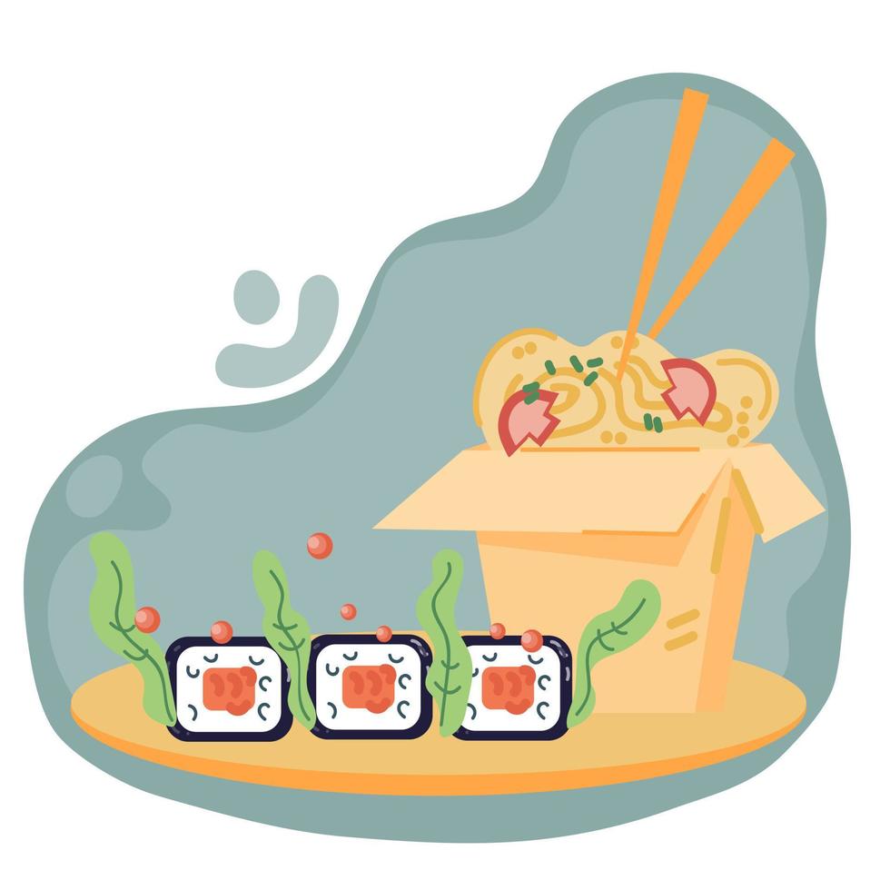 sushi y fideos sobre fondo abstracto de burbujas. elemento del logotipo del restaurante de comida japonesa. símbolo para el menú de comida asiática. ilustración vectorial plana aislada. vector