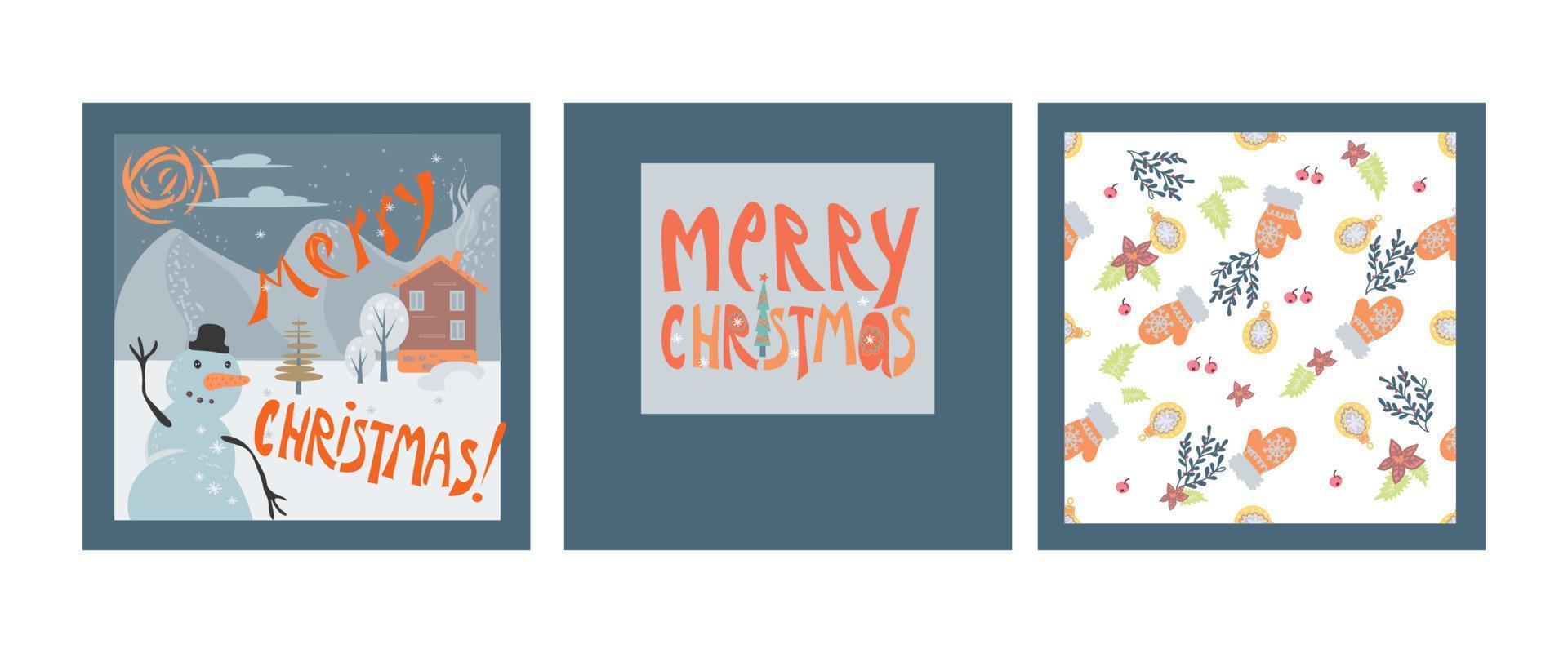 conjunto de tres tarjetas de navidad - patrón sin costuras, muñeco de nieve y texto de saludo, ilustración vectorial plana. plantilla de banners, carteles e invitaciones de vacaciones de invierno de navidad y año nuevo. vector