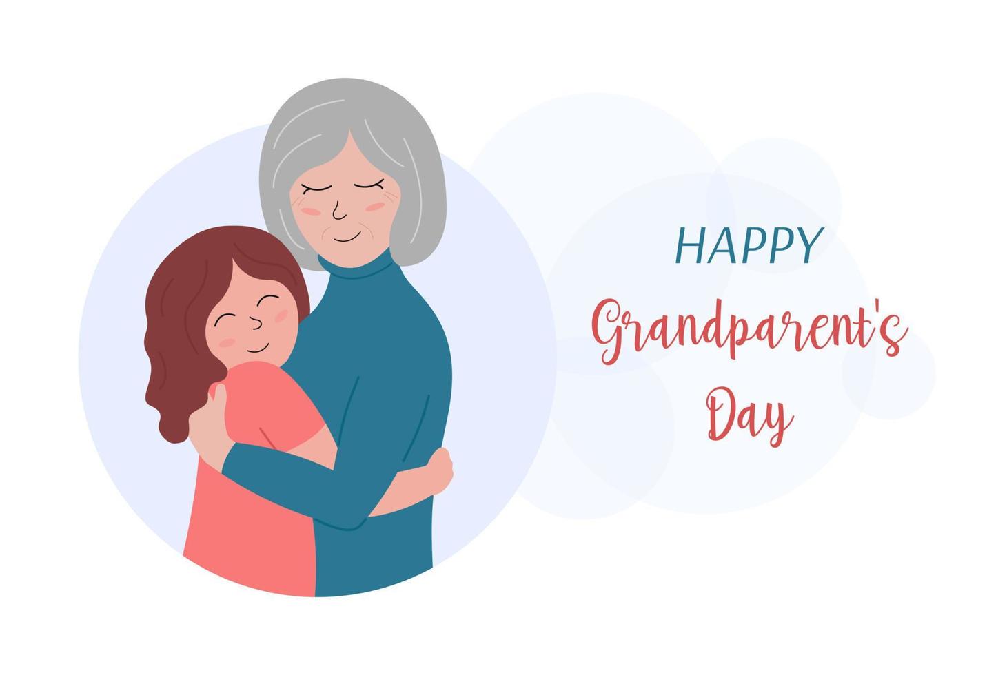 Grandparents Day celebration. Grandmother and granddaughter hug. Smiling granny and little girl together. Happy Grandparents Day greeting card, banner, poster. Flat vector illustration