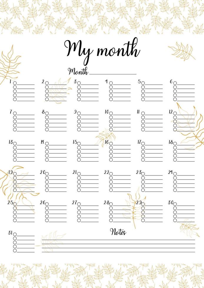 Monthly planner template isolated. Printable task organizer by days of month. Blank vector illustration of personal to do reminder