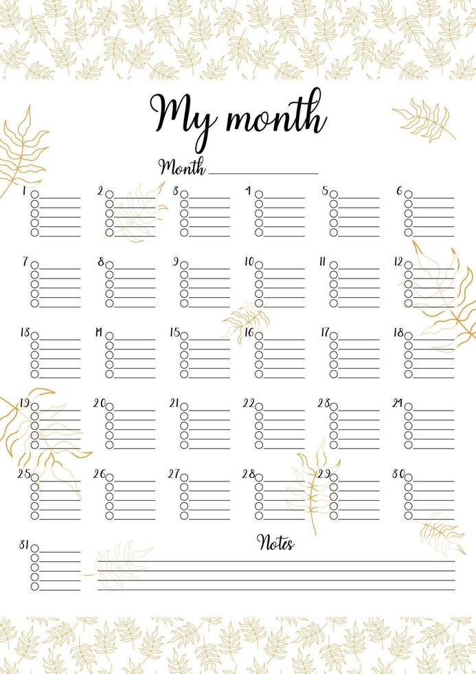 Monthly planner template isolated. Printable task organizer by days of month. Blank vector illustration of personal to do reminder