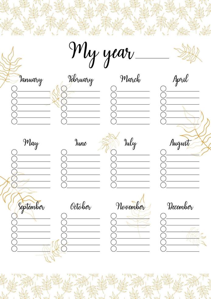Year planner template isolated. Printable task organizer by months of year. Blank vector illustration of personal to do list