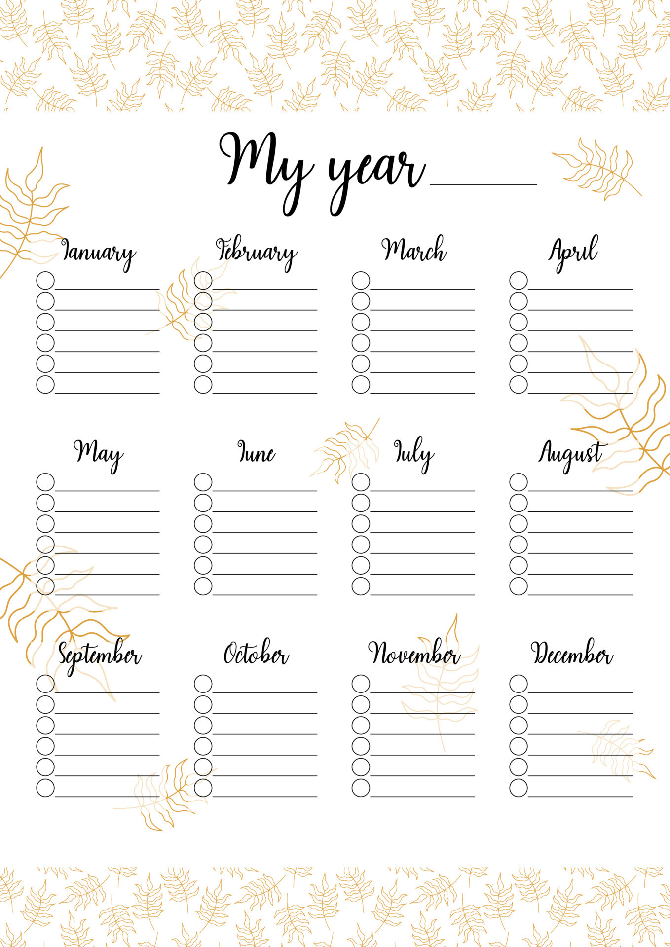 Year planner template isolated. Printable task organizer by months of
