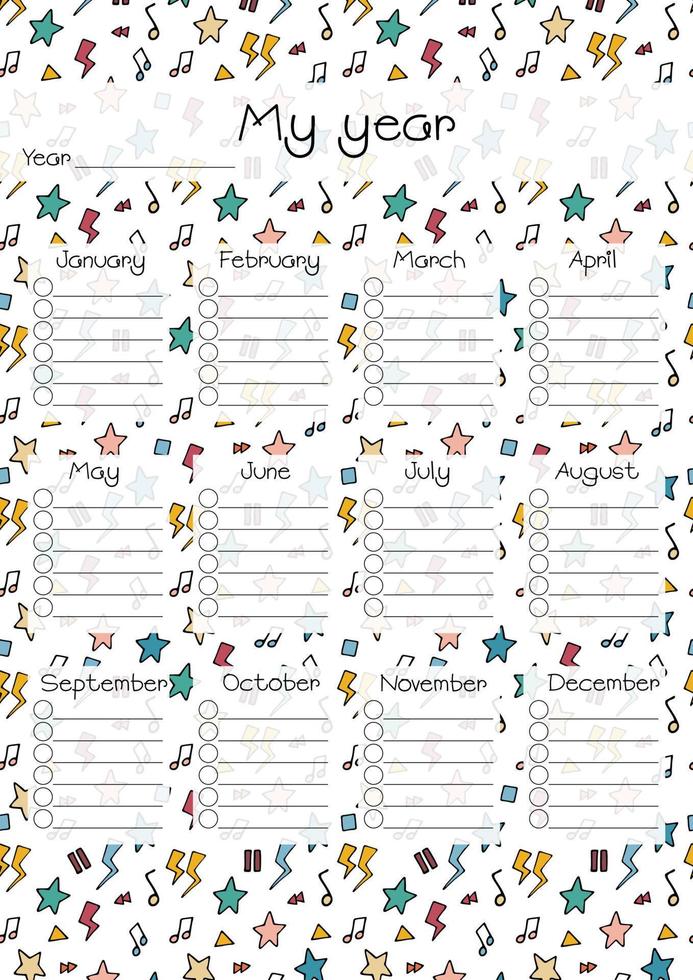 Year planner template isolated. Vector printable task organizer by months of year. Funny doodle design. Blank illustration of personal to do list.