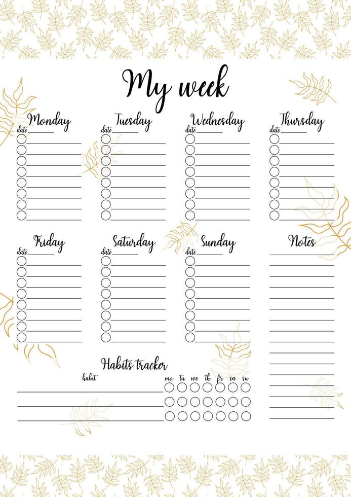 Weekly planner template isolated. Printable task organizer by day of week. Blank vector illustration of personal reminder and habits tracker