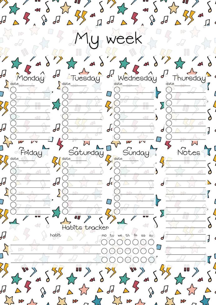 Weekly planner template isolated. Printable task organizer by day of week. Blank vector illustration of personal reminder and habits tracker. Funny doodle design