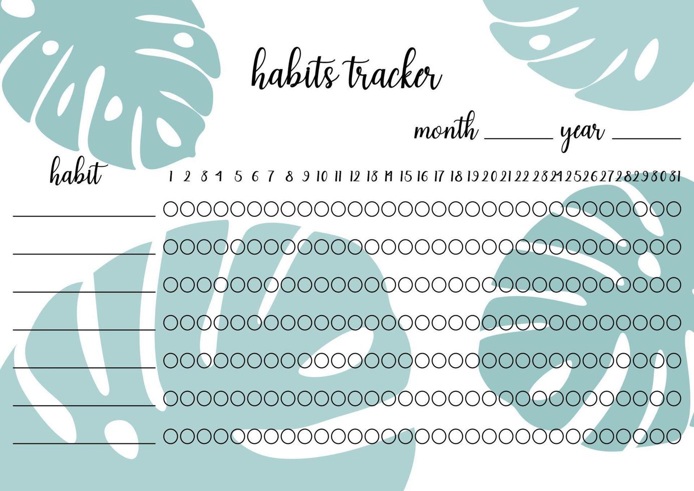 Habits tracker blank printable template. Notebook page horizontal A4. Vector illustration of paper sheet for marking habits success in month. Tropical monstera leaves background