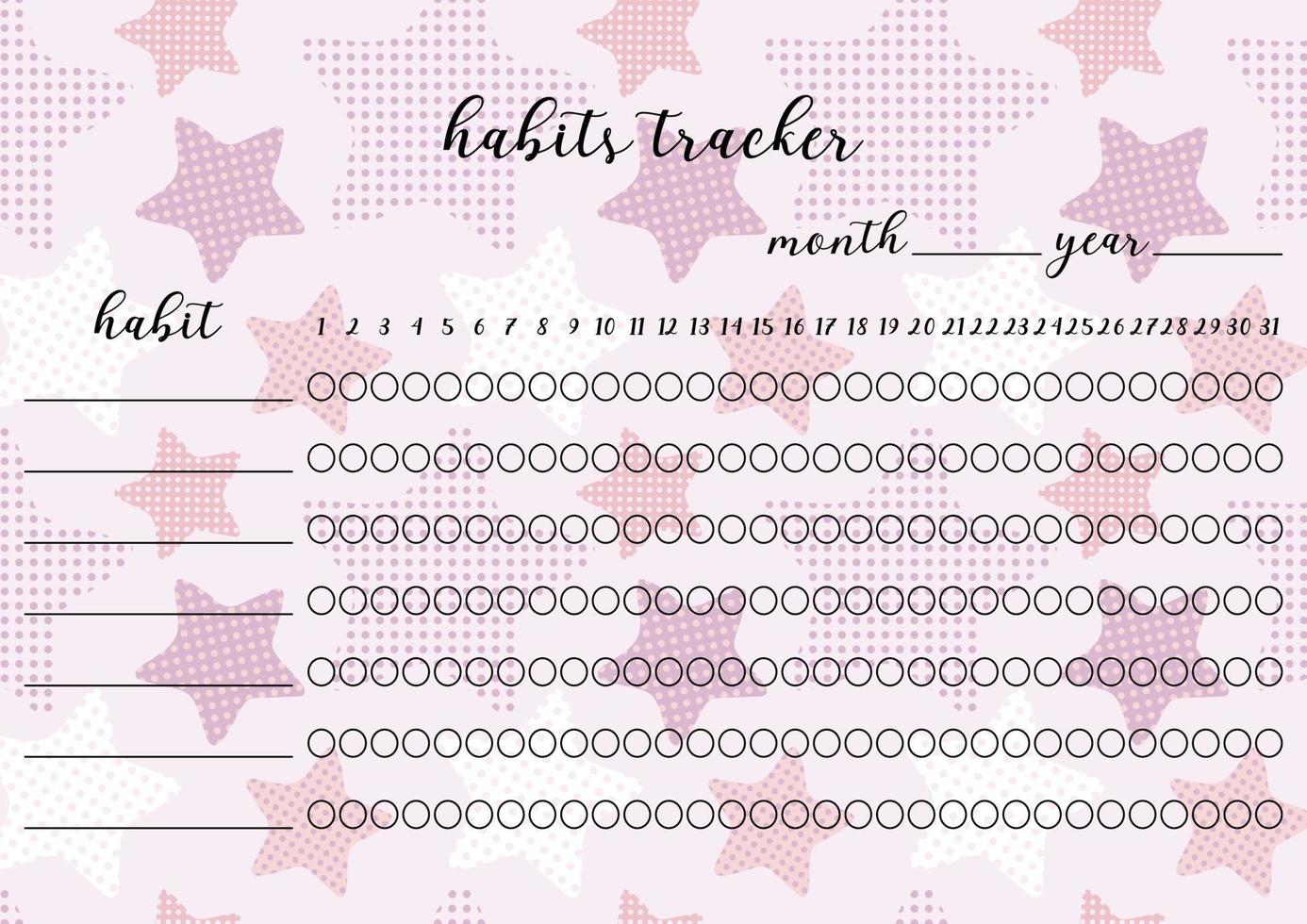 Habits tracker printable template. Blank notebook page horizontal A4. Vector illustration of paper sheet for marking habits success in month