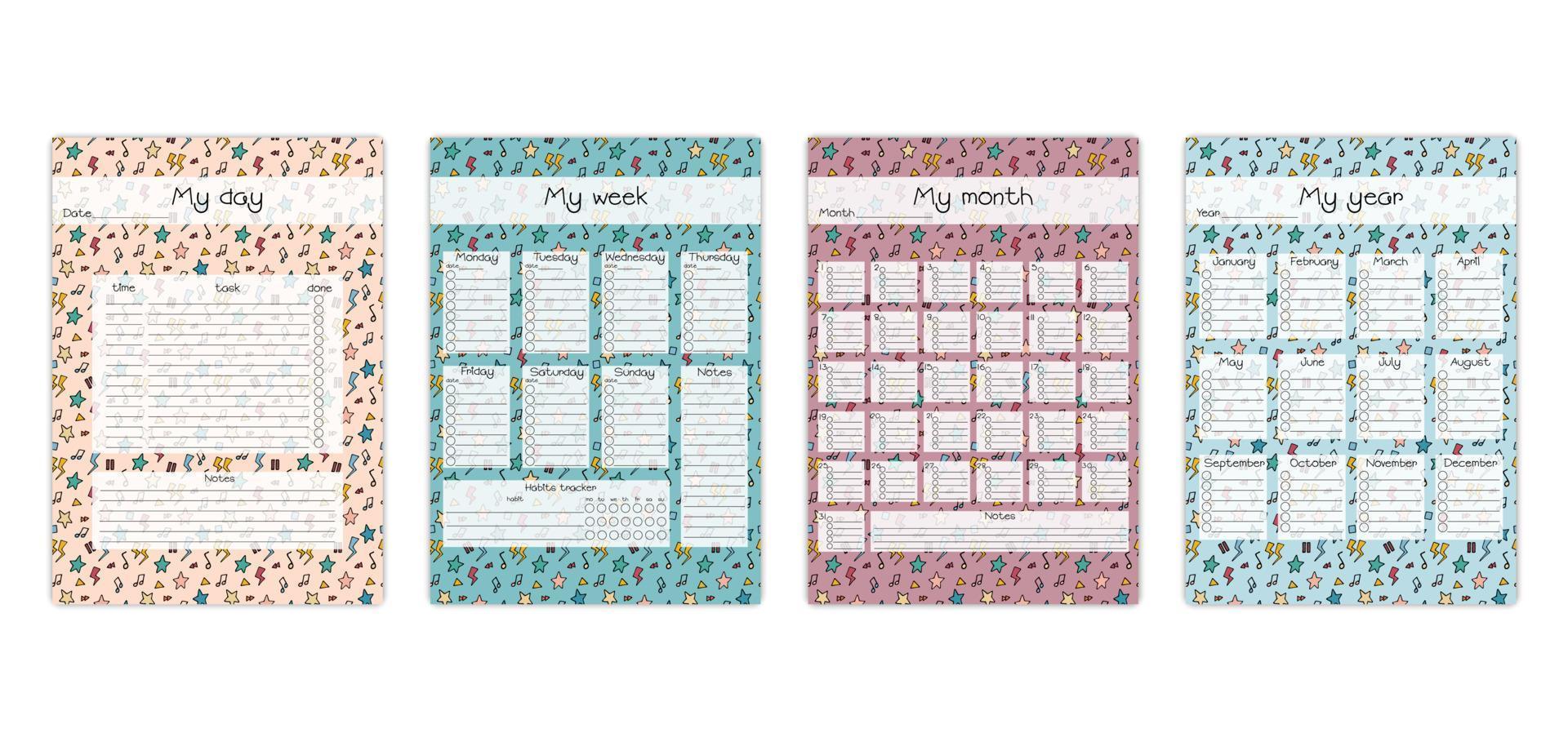 Personal planners templates. Vector set of colorful printable task organizer for year, month, week and day. Blank personal planner book pages. Funny doodle design