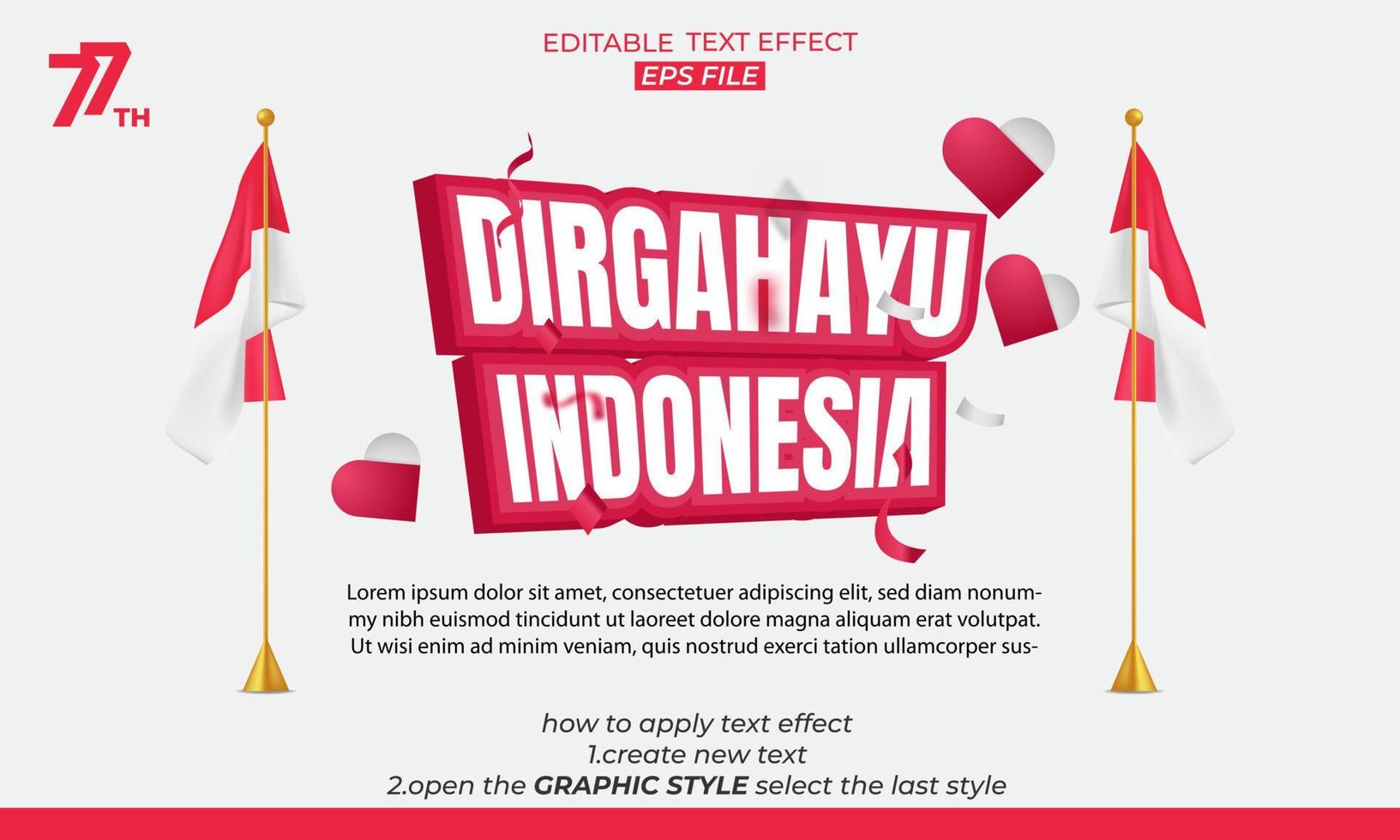 dirgahayu indonesia efecto de texto 3d. plantilla del día de la independencia de indonesia vector