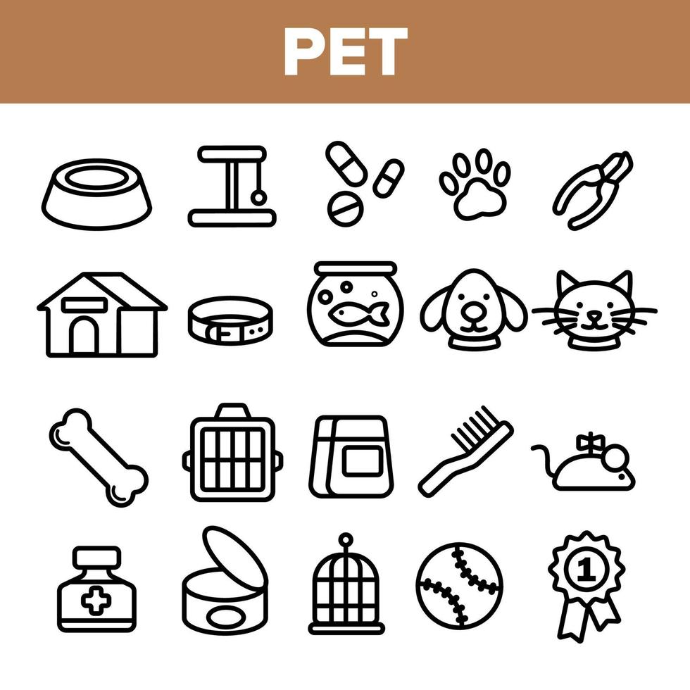 Pet Line Icon Set Vector. Animal Care. Grooming Pet Symbol. Dog, Cat Veterinar Shop Icon. Thin Outline Web Illustration vector