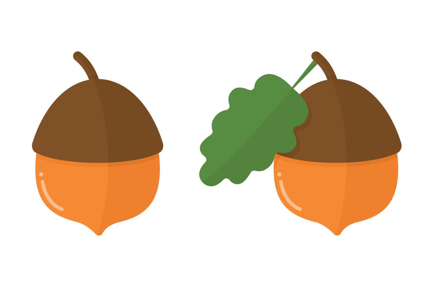 Acorn flat icon leaf nut and food vector graphics colorful solid drawing on a white background. A set of two images of an acorn. Acorn with a leaf. Brown Acorn