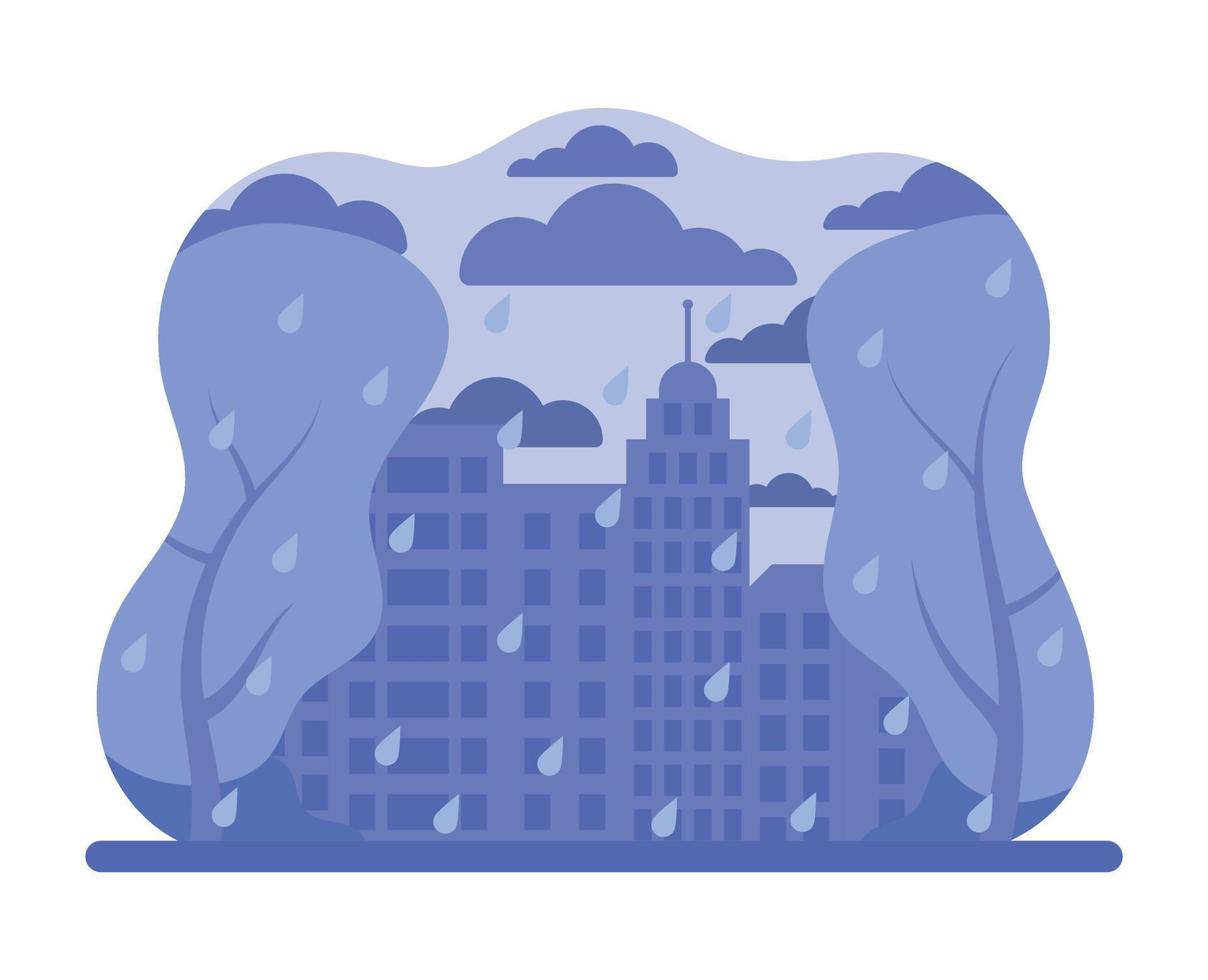 lluvia en el parque de la ciudad. ilustración vectorial para mal tiempo, concepto de aguacero. ilustración vectorial del clima lluvioso. tiempo de otoño niebla y lluvia. lluvia en la ciudad. vector