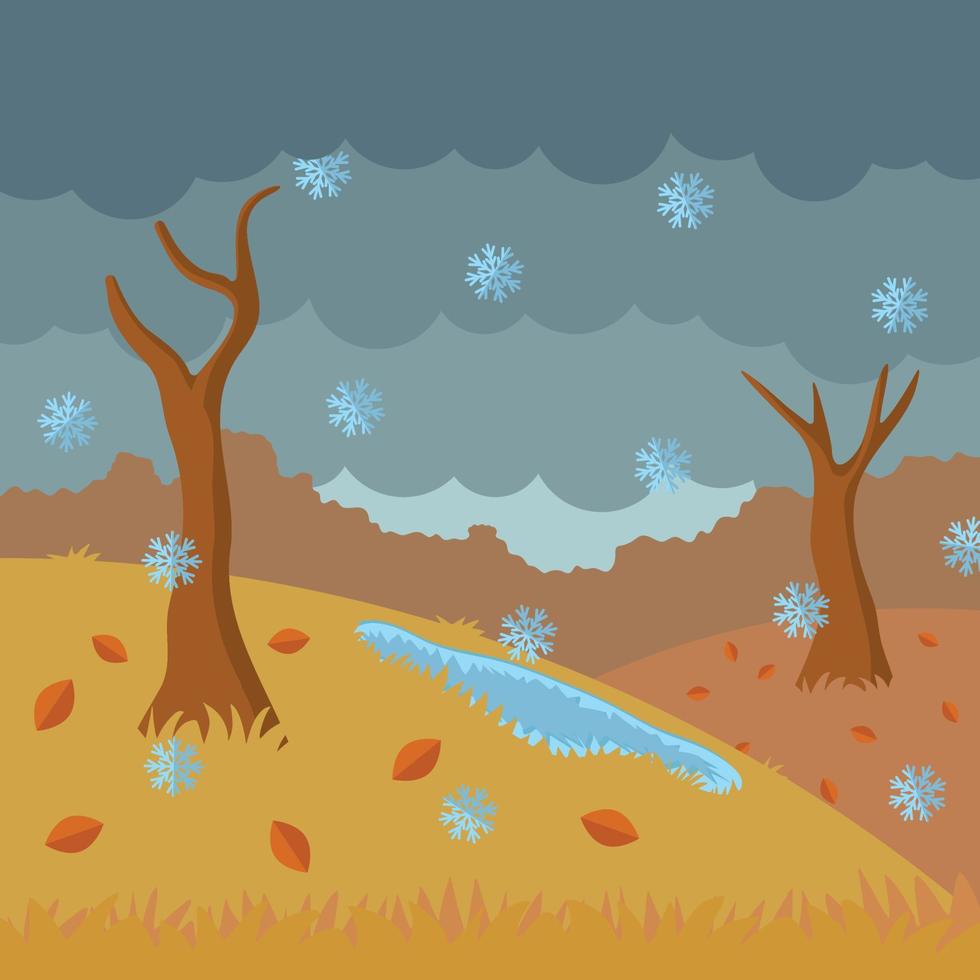 Autumn vector illustration of the first snow. Vector illustration in a flat style. Late autumn. The first snow. Autumn forest.