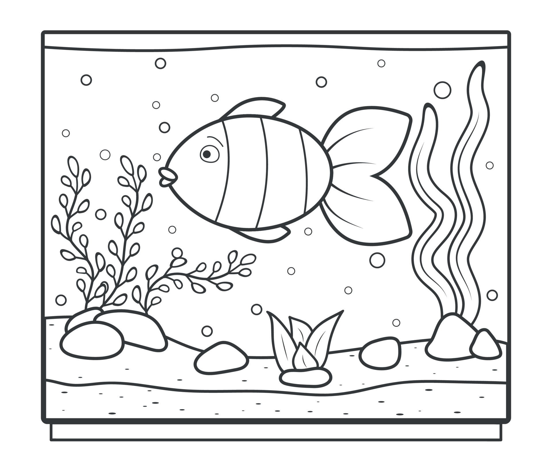 Rectangular aquarium with a fish for coloring. Coloring page for