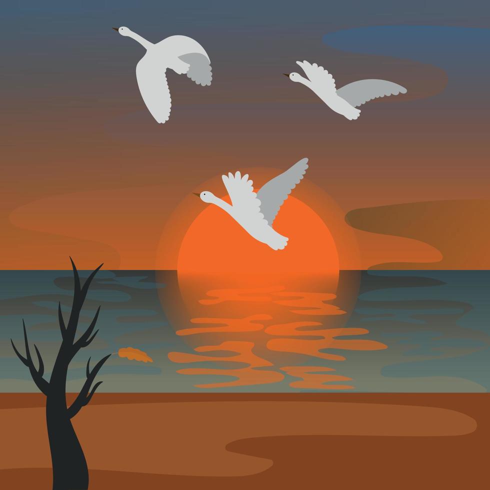 Vector illustration of migratory birds with a sunset view in the sunset light.  Vector illustration in a flat style. Day of migratory birds. Birds fly away against the sunset.