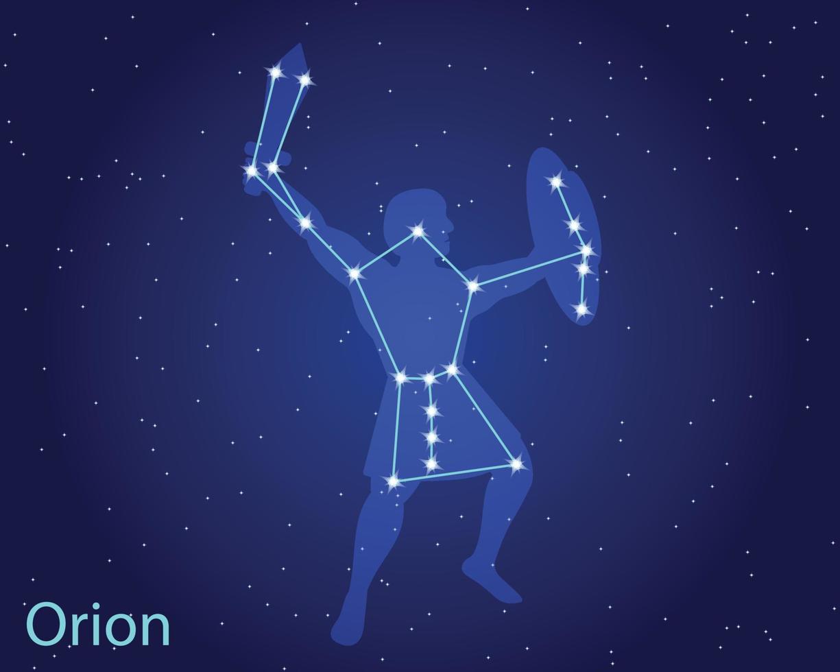 Vector illustration of the constellation Orion. Pegasus constellation in night sky. Hunter Orion from ancient Greek mythology